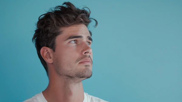Contemplative Young Man Against Blue Background