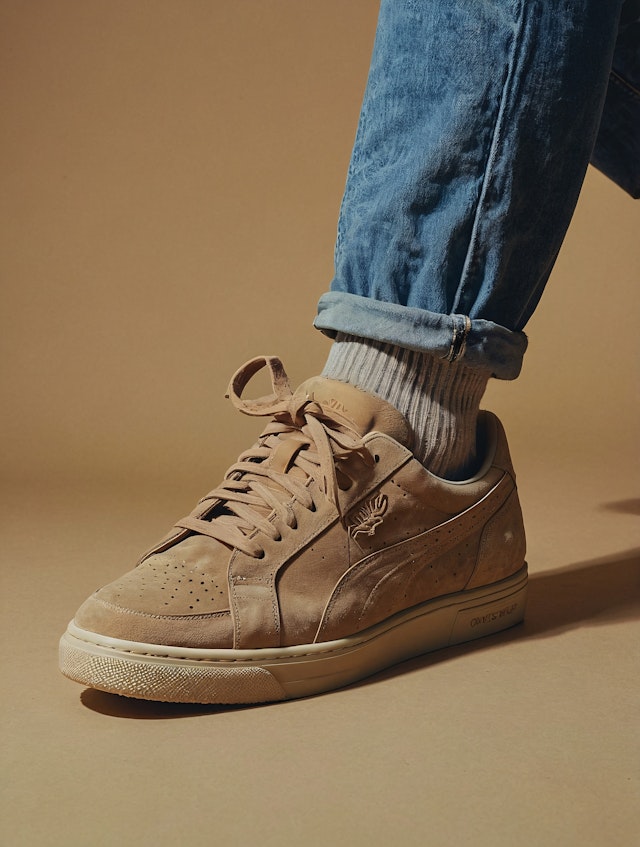 Stylish Tan Suede Sneaker Close-Up