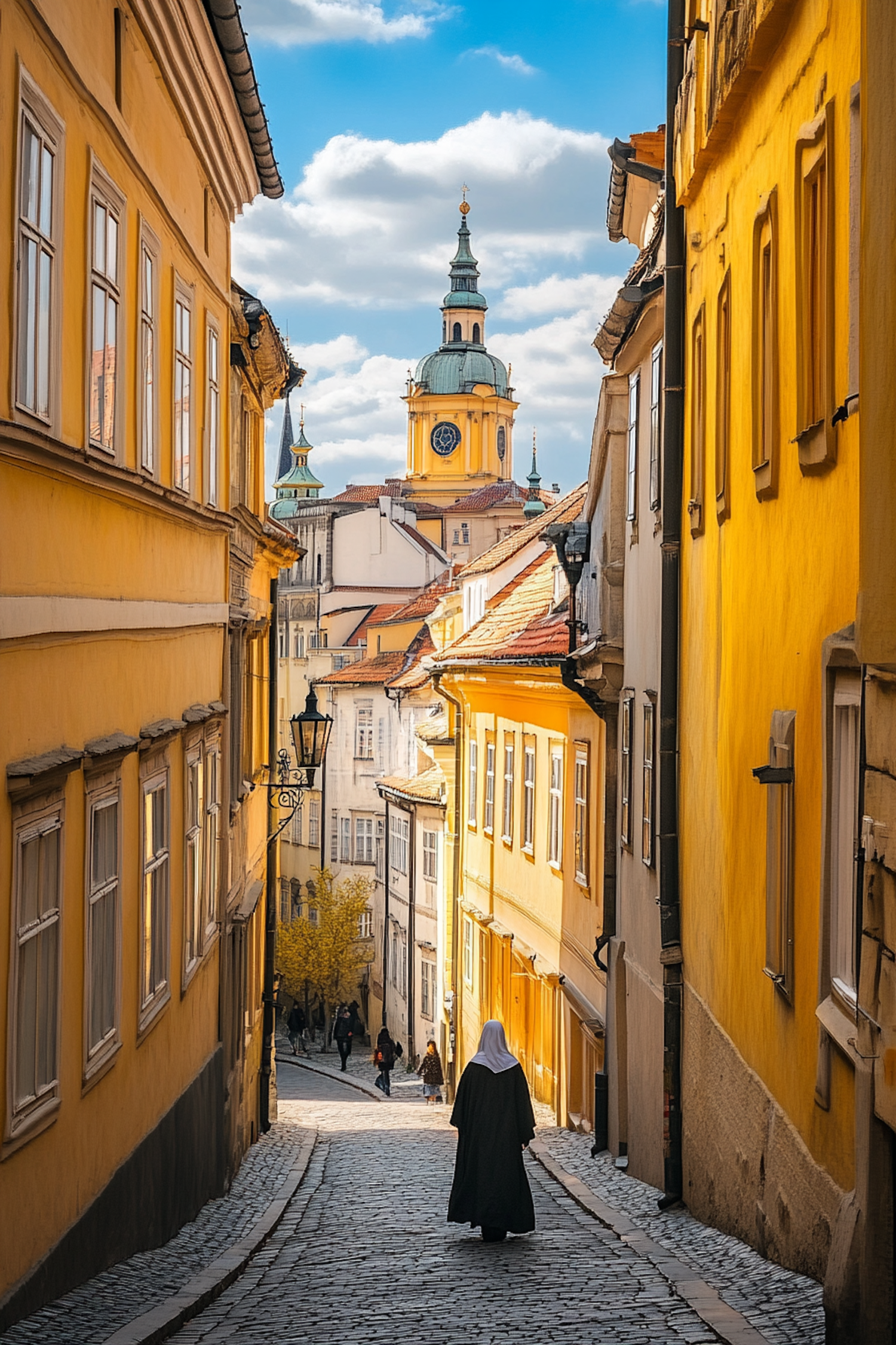 Historic European Street with Nun