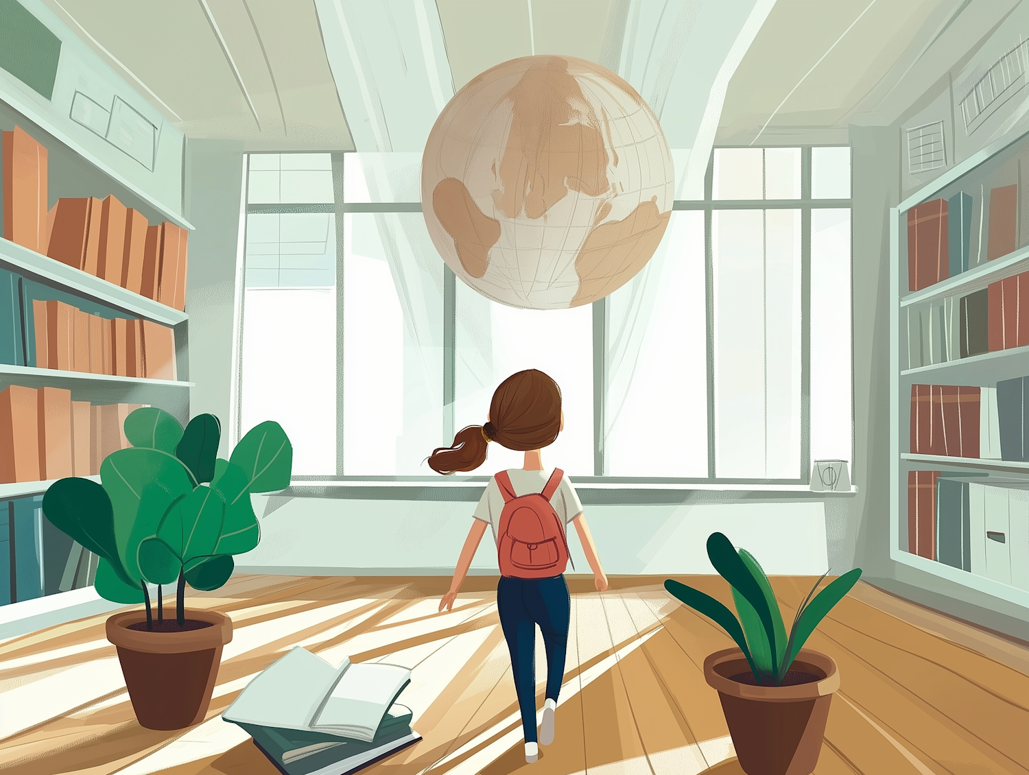 Young Girl Approaching a Floating Globe in Library