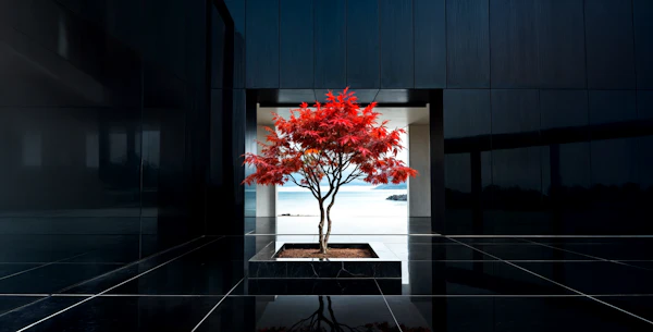 Red Tree in Modern Architectural Setting