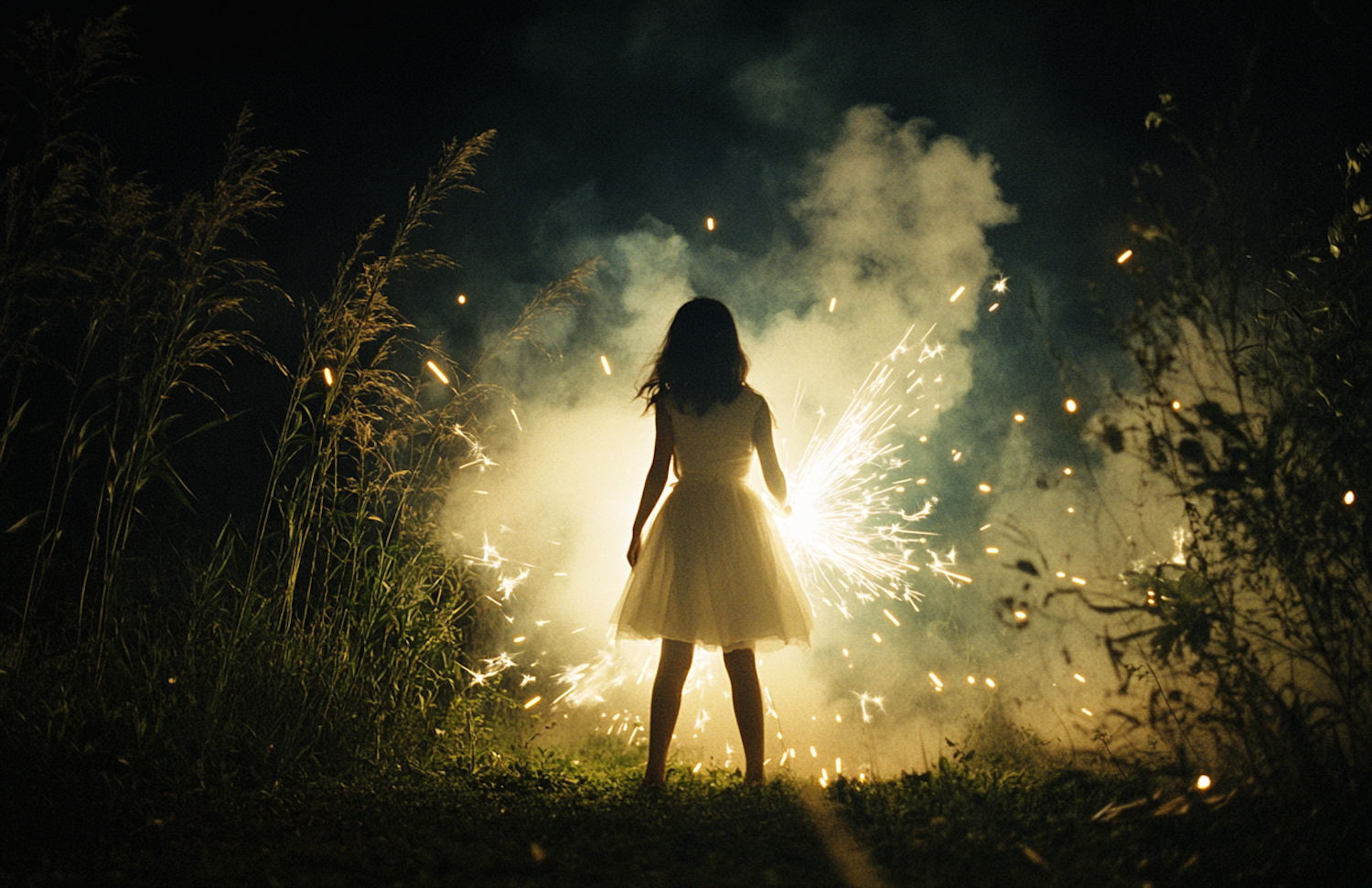 Girl with Sparkler at Night