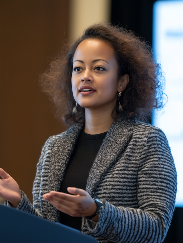 Woman Presenting in Striped Blazer