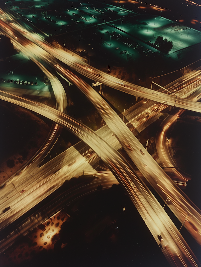 Aerial Highway Interchange at Night