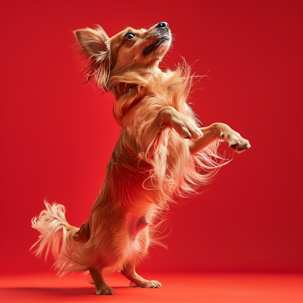 Dancing Dog with Vivid Red Background