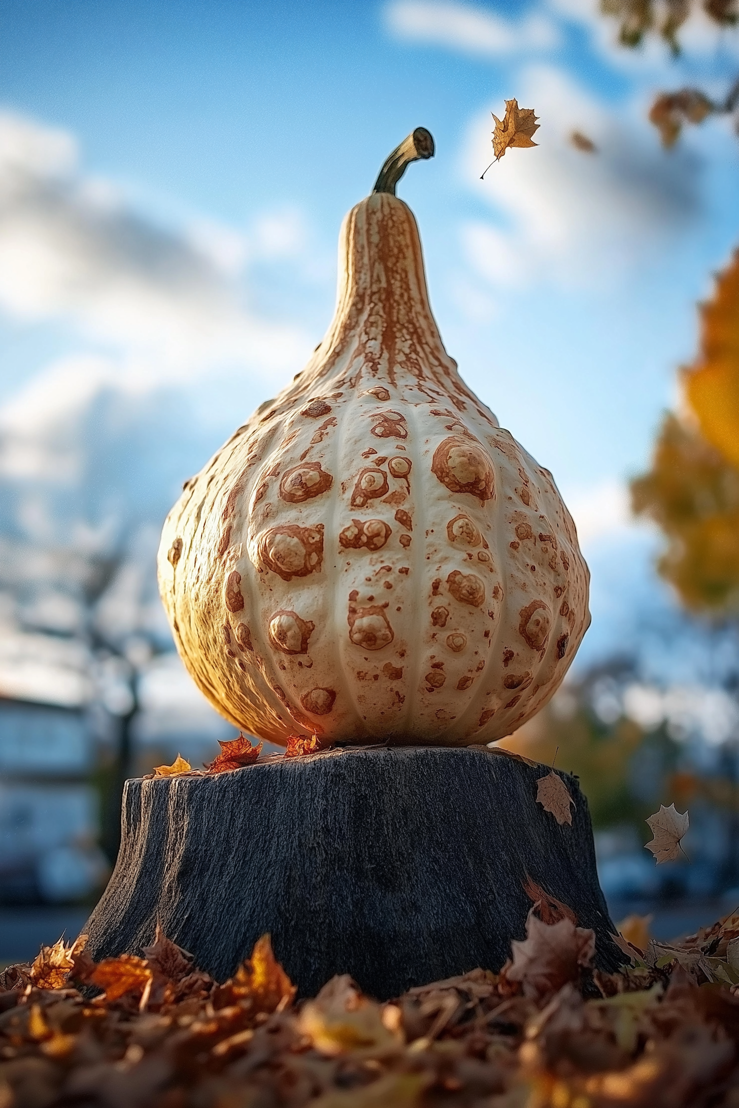 Textured Gourd on Tree Stump