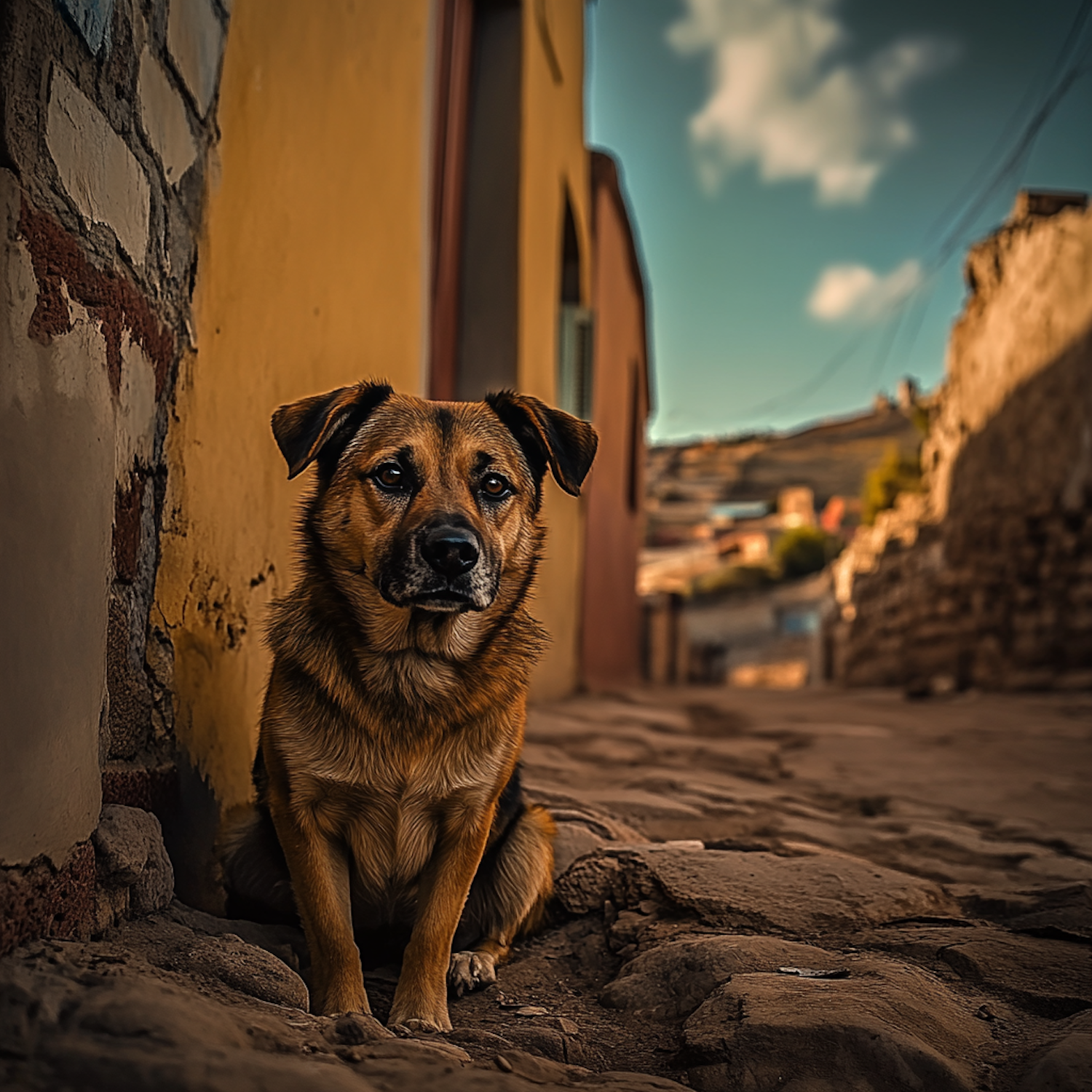 Dog on Cobblestone Street