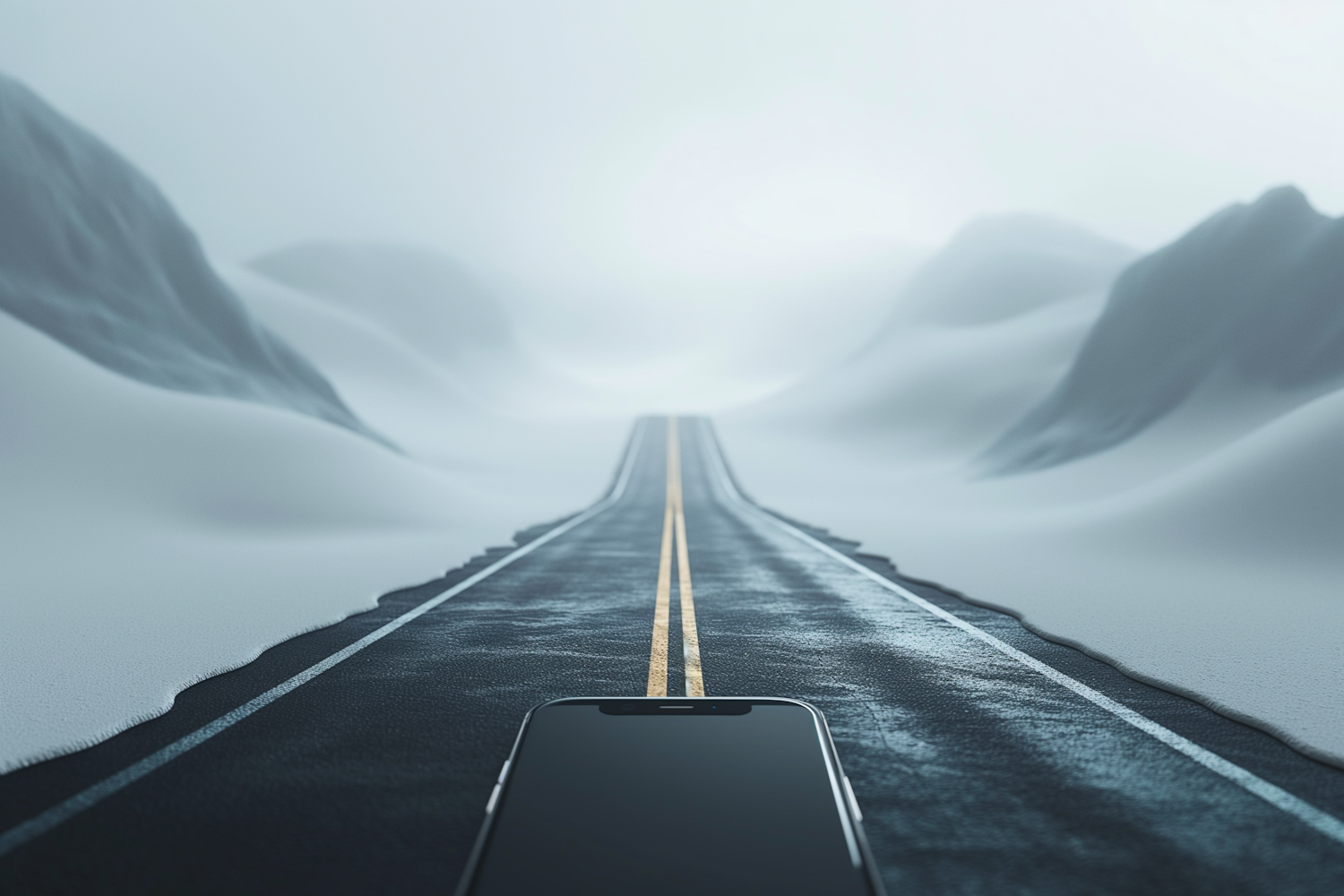 Solitary Smartphone on a Misty Road