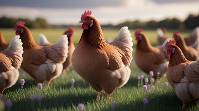 Hens in Green Field