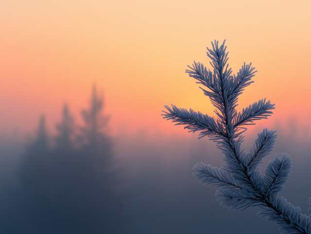 Frosted Evergreen Branch at Sunrise