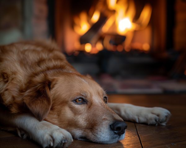 Golden Retriever by the Fireplace