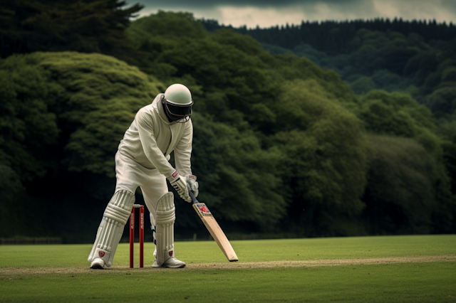 Cricket Player in Anticipation on a Green Pitch