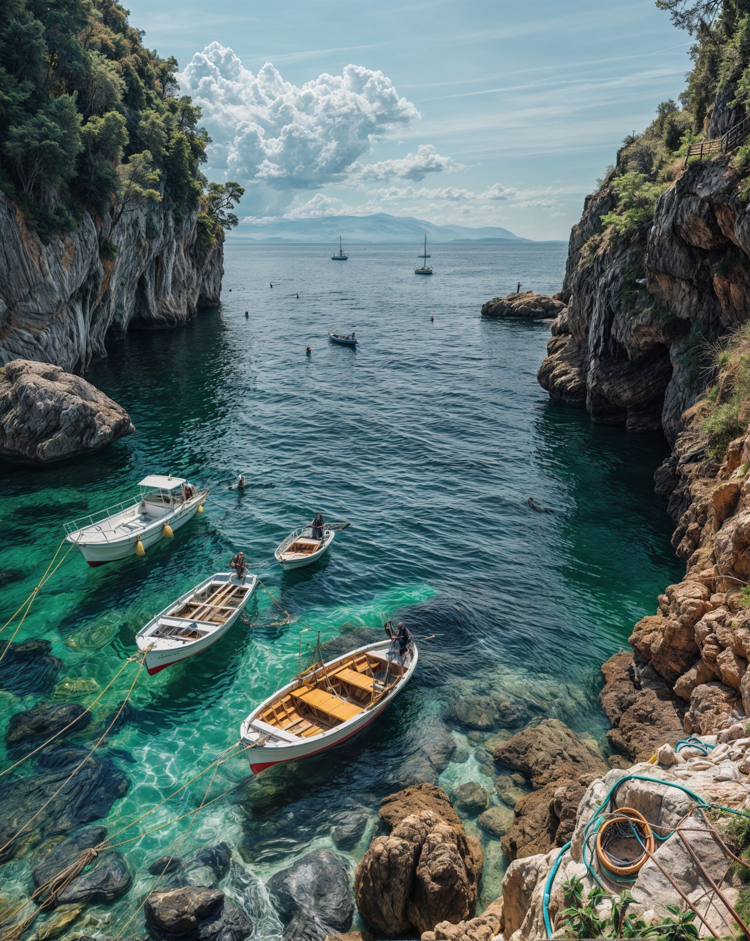 Serene Seascape with Boats and Cliffs