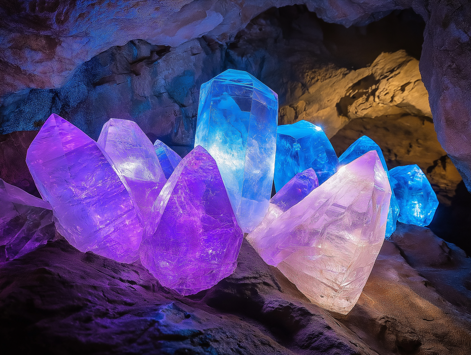 Illuminated Crystal Formation in Cave