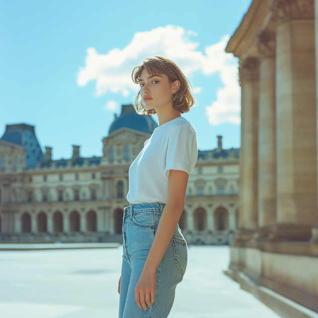 Confident Young Woman in Historic Plaza