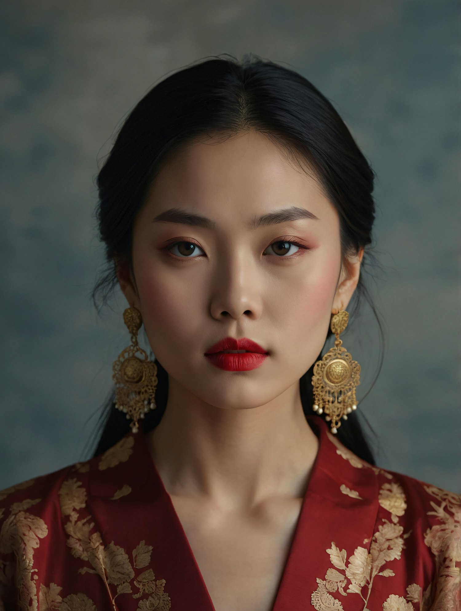 Elegant Woman in Red and Gold