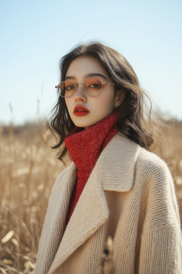 Woman in Red Turtleneck and Beige Coat