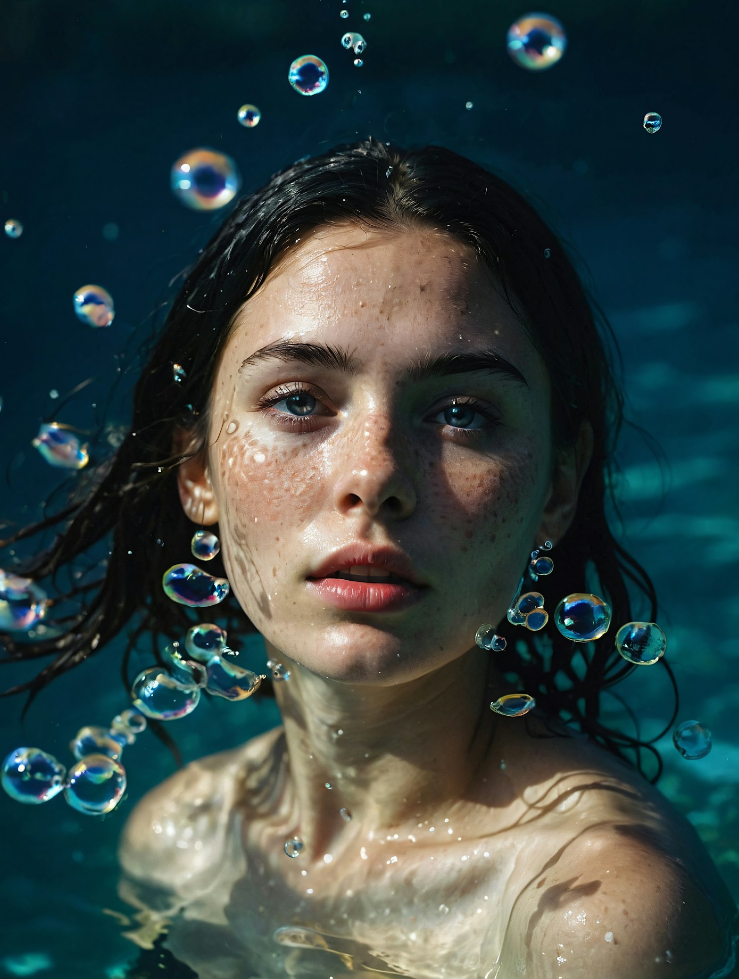 Serene Woman in Water with Bubbles