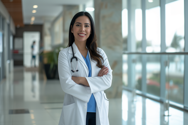 Confident Hispanic Female Doctor in Hospital Setting