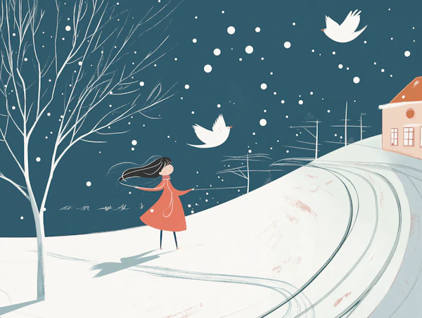 Whimsical Winter Scene with Young Girl