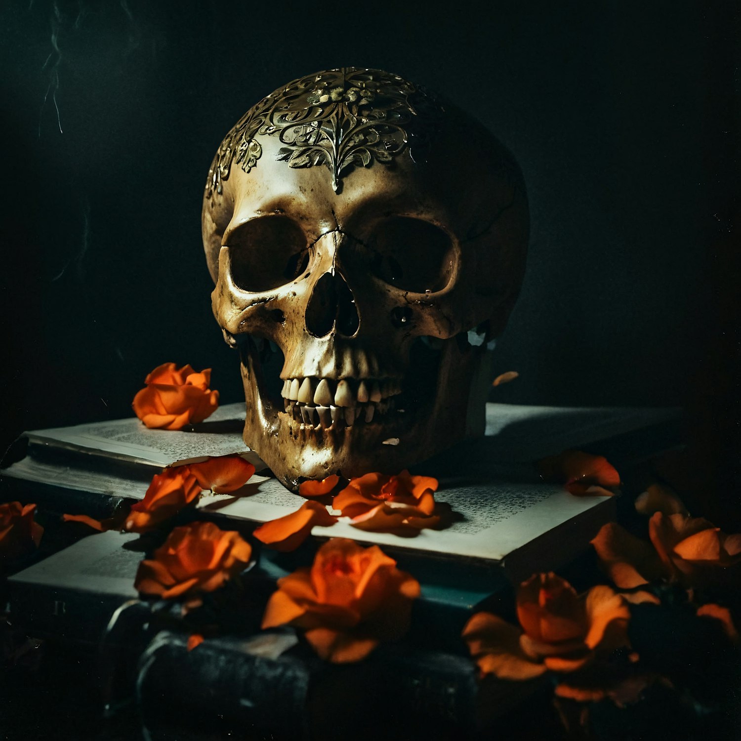 Floral Engraved Skull with Roses