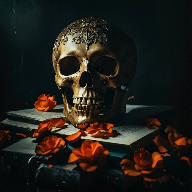 Floral Engraved Skull with Roses