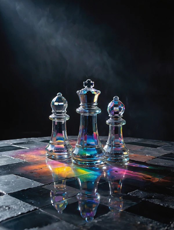 Glass Chess Pieces on Reflective Board