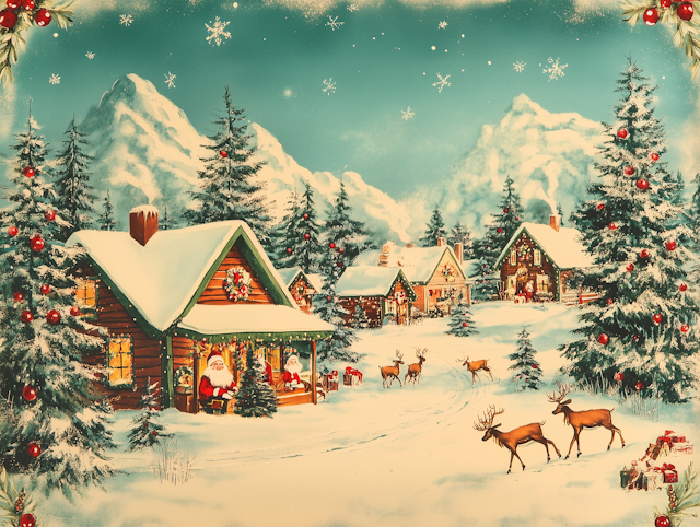 Charming Winter Scene with Santa and Log Cabin