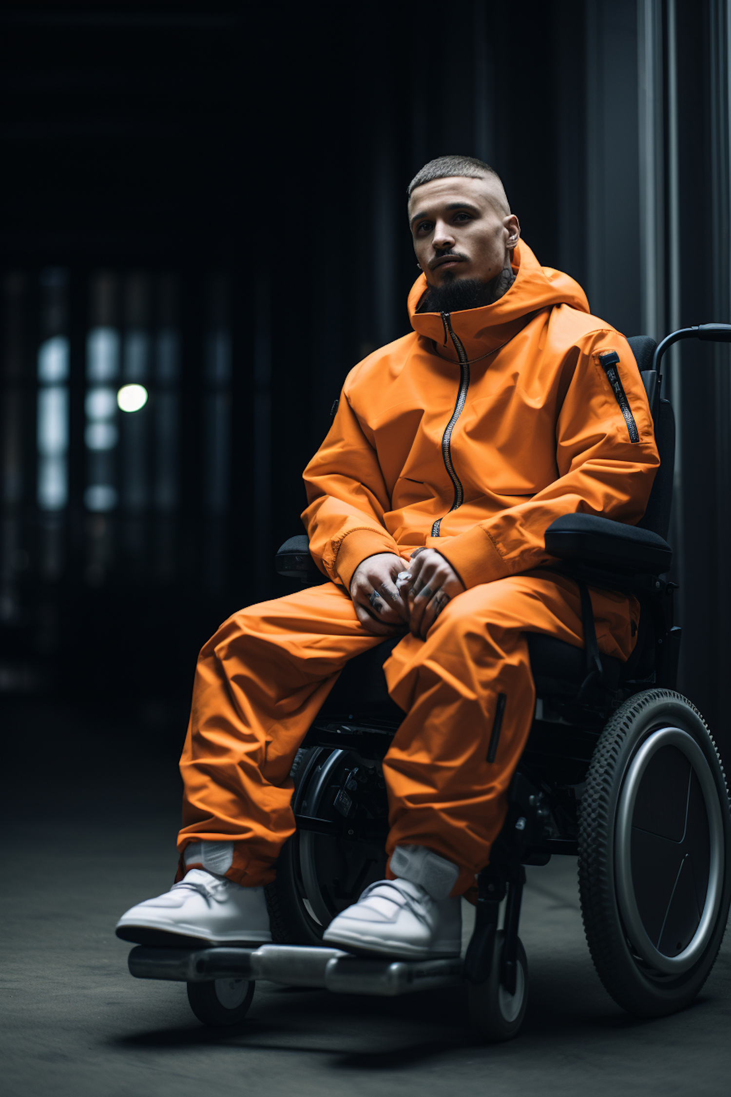 Contemplative Individual in Striking Orange Wheelchair Attire