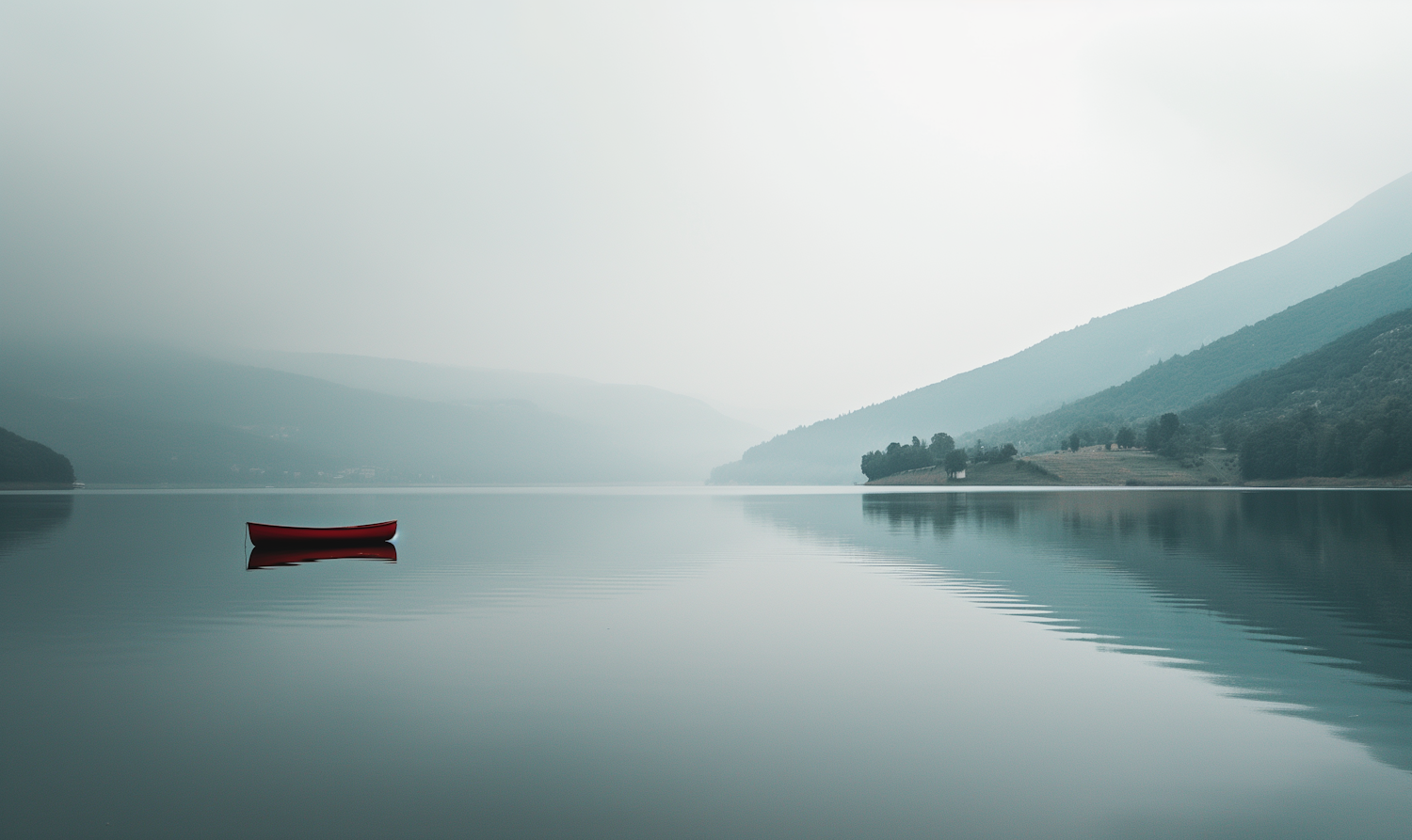 Misty Lake with Red Canoe