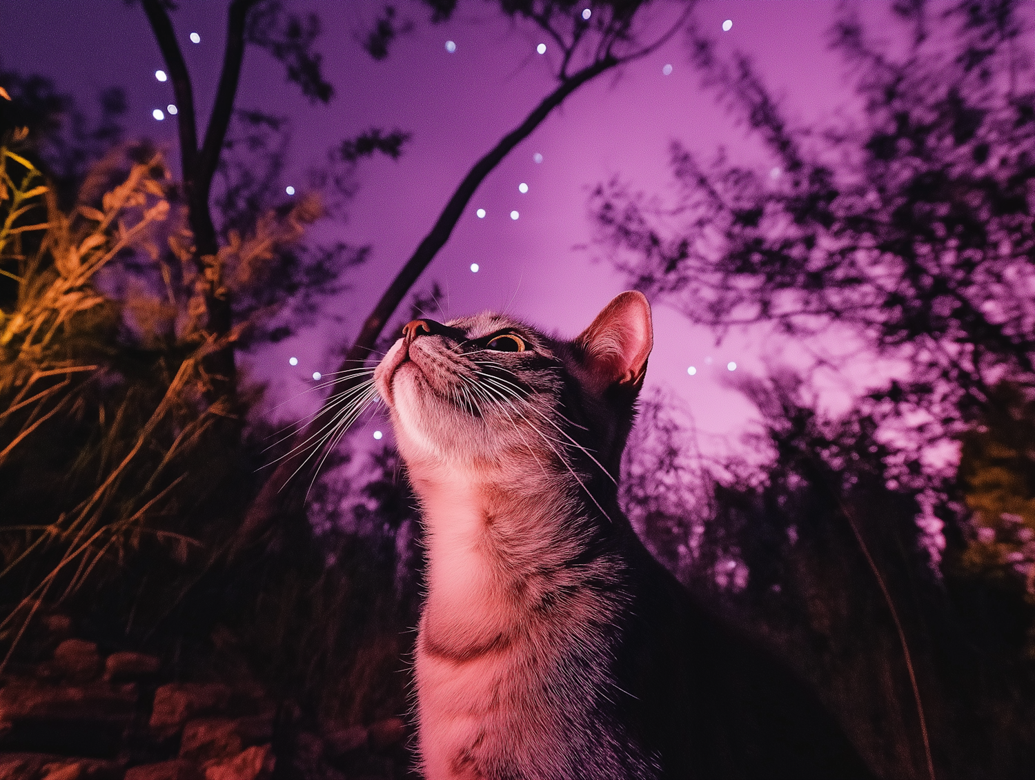 Contemplative Cat Under Starry Sky