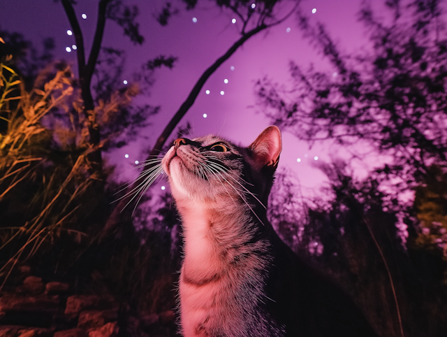 Contemplative Cat Under Starry Sky