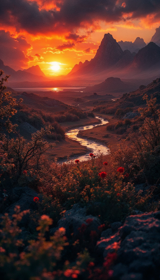 Sunset Landscape with Mountains and River