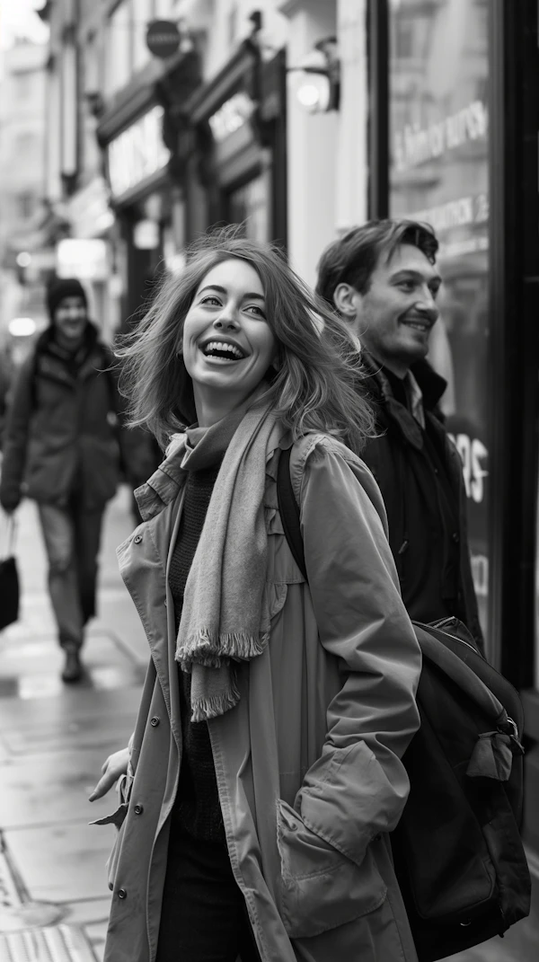 Joyful Couple Walking on a Street