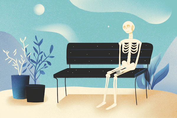 Surreal Skeleton on Bench Scene
