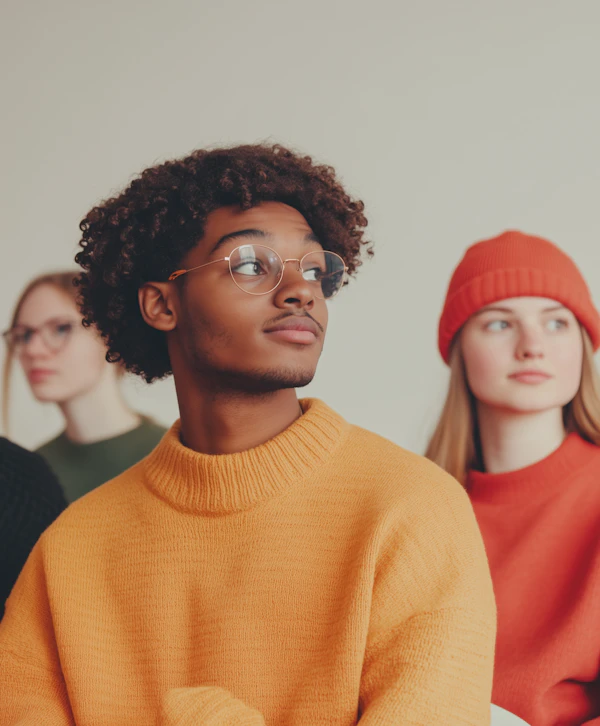 Contemplative Group in Vibrant Sweaters