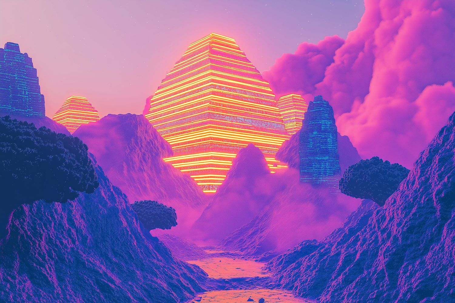 Neon-Lit Pyramid Landscape