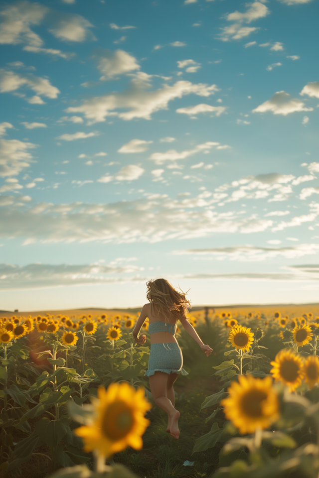 Woman Running in Sunflower Field