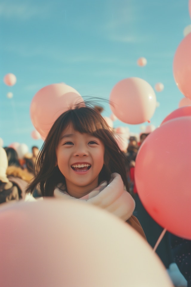 Joyful Young Girl Among Pink Balloons