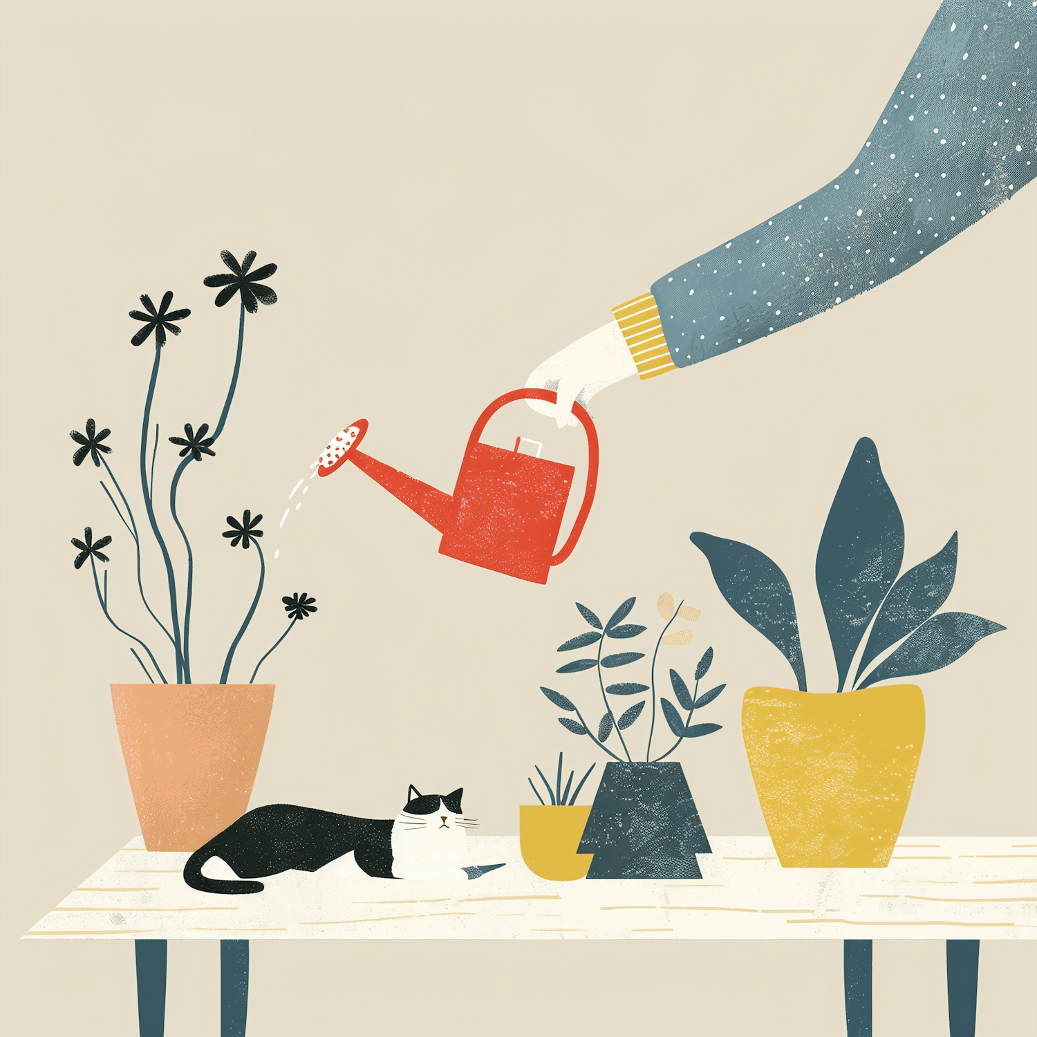 Hand Watering Plants with Cat