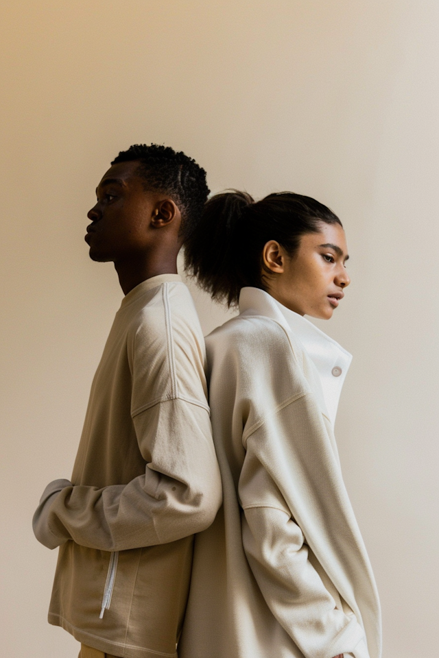 Contemplative Duo in Beige Jackets