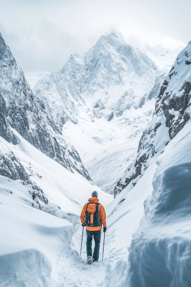 Solitary Hiker in Snowy Mountain Landscape