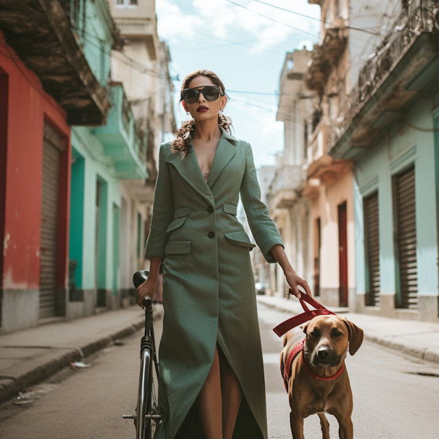 Chic Woman with Fashionable Dog on City Stroll