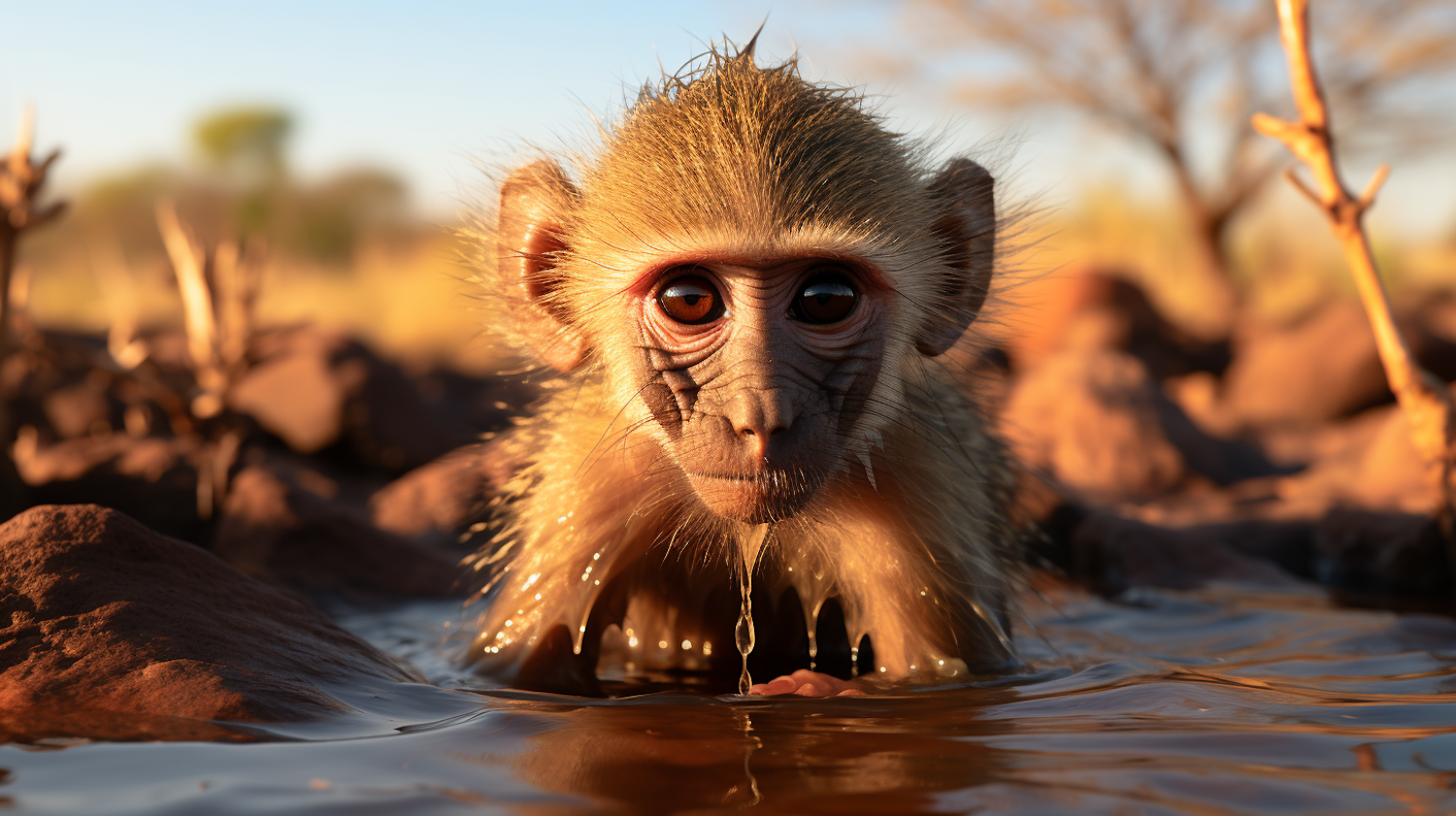 Contemplative Baboon at Golden Hour