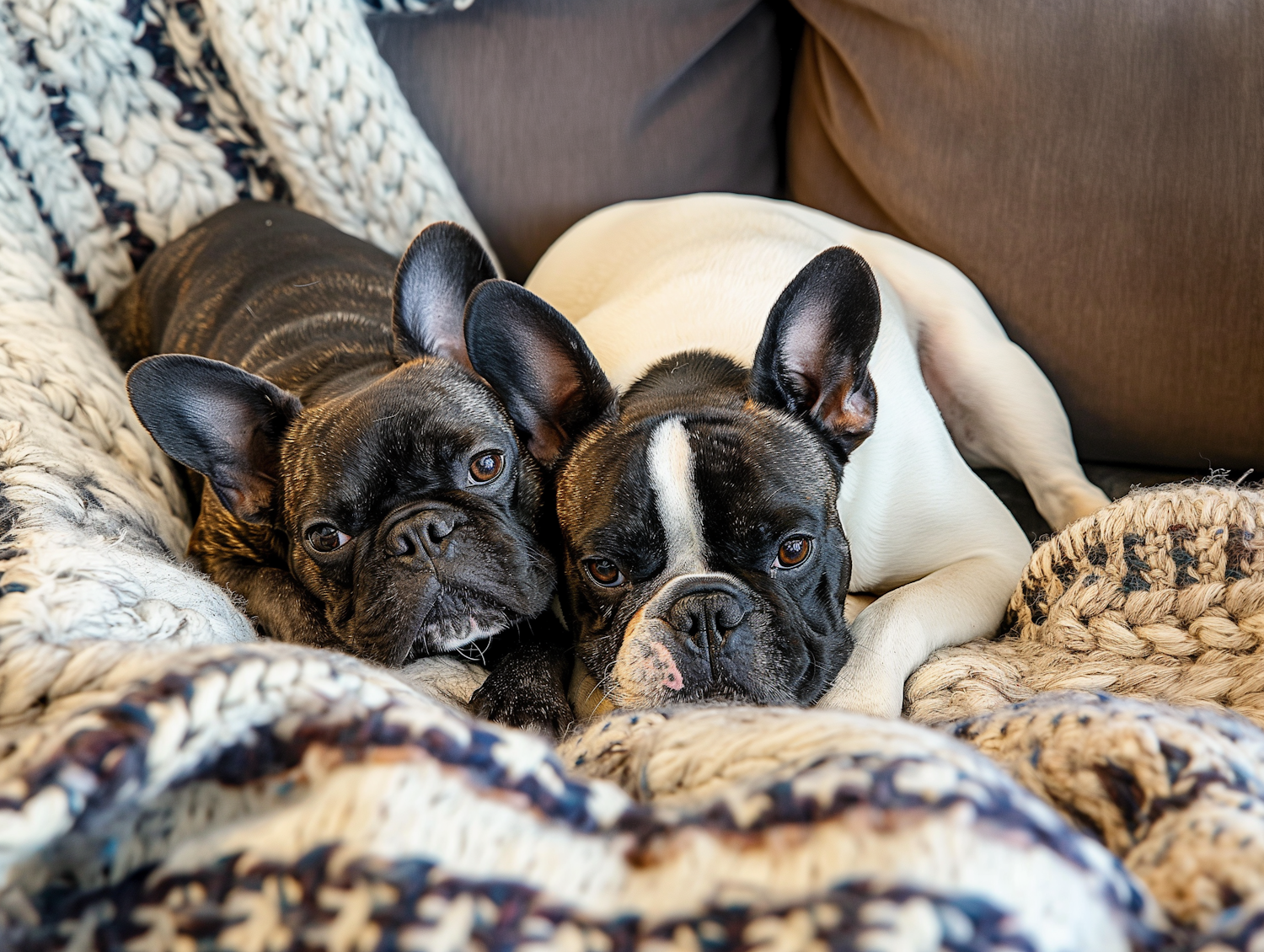 French Bulldogs on Knitted Blanket