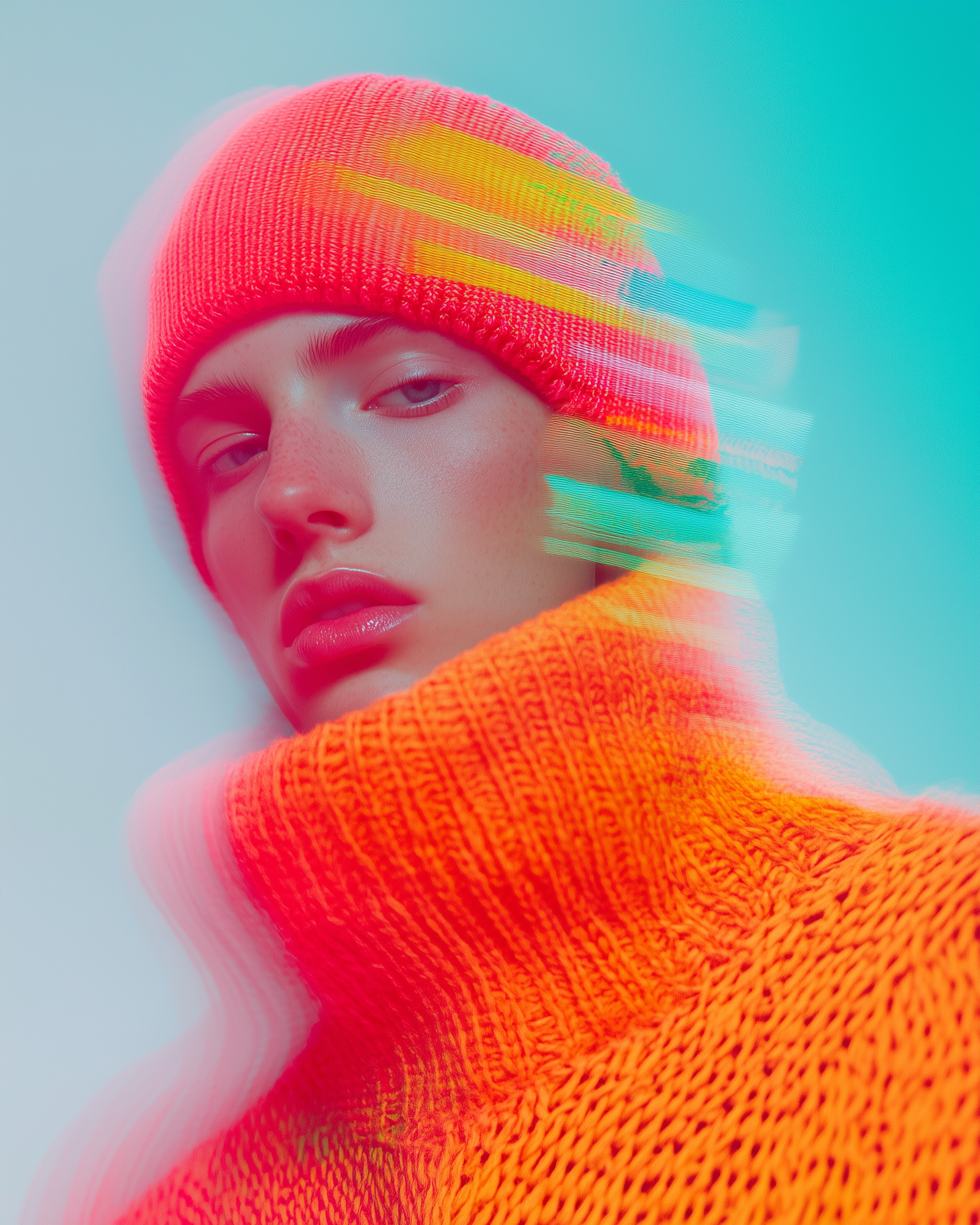 Vibrant Fashion Portrait with Digital Distortion