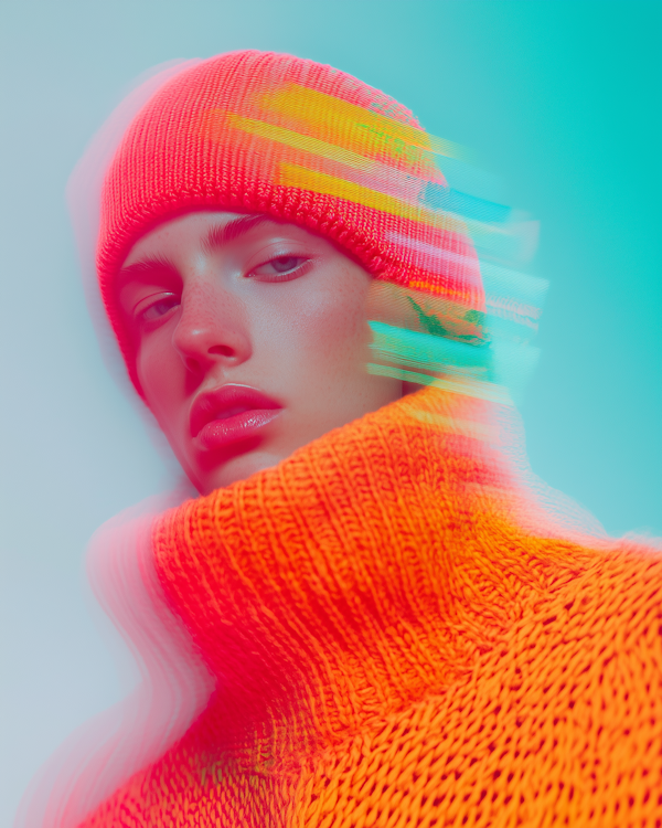 Vibrant Fashion Portrait with Digital Distortion