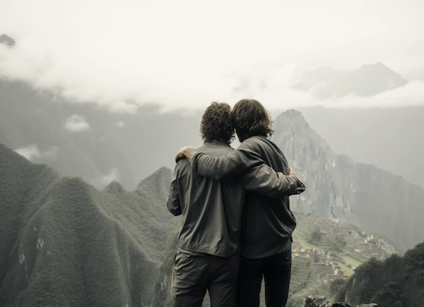 Serenity in the Mountains: A Family Embrace Amidst Ancient Ruins