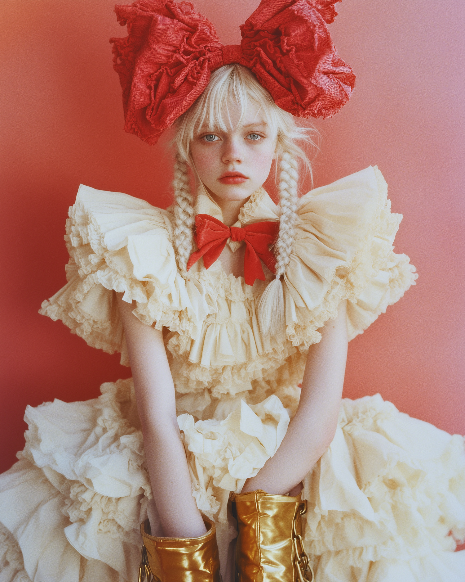 Young Girl in Cream Dress with Red Bows