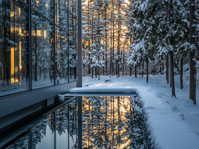 Serene Winter Scene with Glass Building